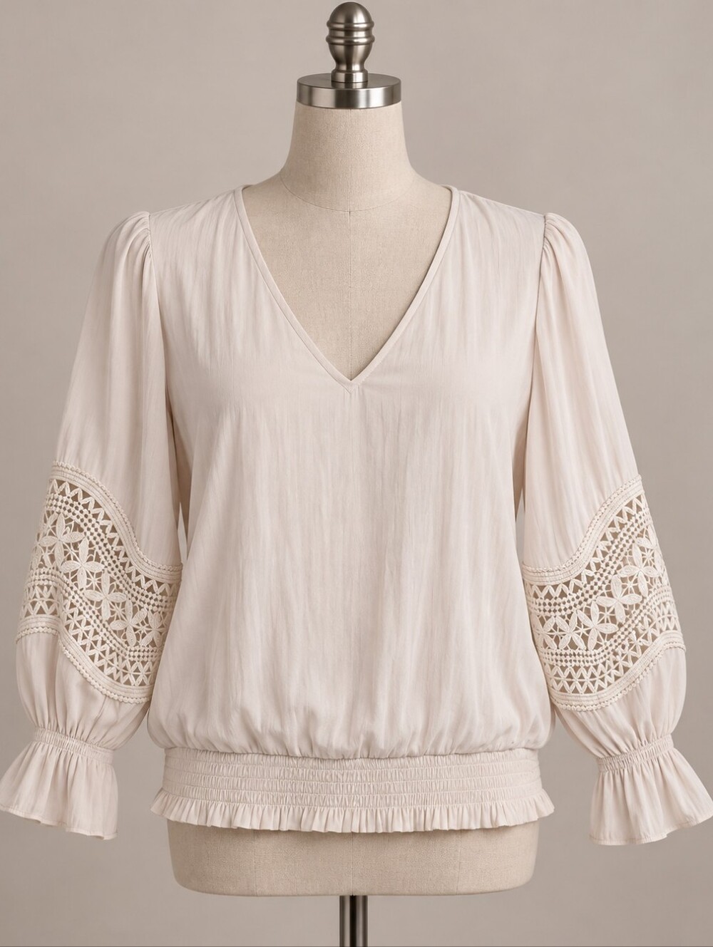 Rachel Zoe Ivory Crochet Lace Sleeve V-Neck Blouse Size L